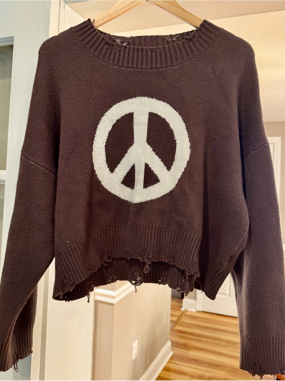 POL Brown Sweater with White Peace Sign